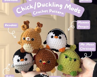 May include: A collection of five small, round, crocheted plush toys featuring a reindeer, a mumma penguin, a baby penguin, a turkey, and a green character labeled Mr. Mean Christmas. Text includes Christmas Edition Chick/Duckling Mods.