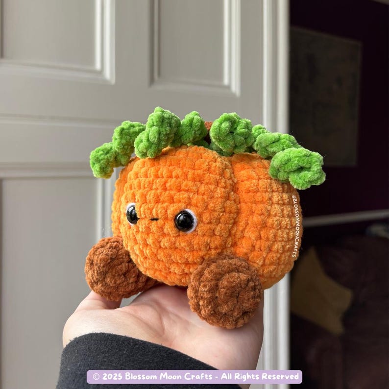 May include: A handmade orange crochet pumpkin with green leaves and brown wheels. The pumpkin has black eyes and a small smile. The text "&copy; 2025 Blossom Moon Crafts - All Rights Reserved" is at the bottom.
