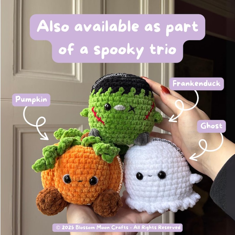 May include: A trio of handmade crochet Halloween characters: a pumpkin, a green Frankenduck, and a white ghost. The pumpkin is orange with green leaves, the Frankenduck is green with black hair, and the ghost is white. The text says "Also available as part of a spooky trio."