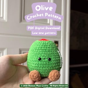 Könnte beinhalten: Ein grünes gehäkeltes Oliven-Stofftier mit roter Oberseite, zwei schwarzen Sicherheitsaugen und zwei braunen Füßen. Der Text lautet: Olive Crochet Pattern, PDF Digital Download, Low sew pattern und 2025 Blossom Moon Crafts - All Rights Reserved.