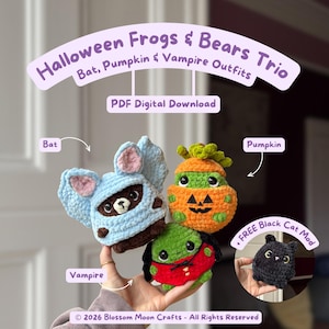 Groda & Björn i Pumpa-, Fladdermus- och Vampyrkläder Virkmönster Trio - PDF Mönster - Low-sew
