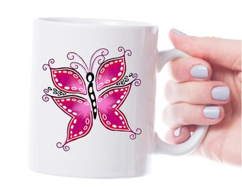 Decorative Butterfly Mug, Pink Butterfly Gift for Daughter, Unique Coffee Mug with Butterfly,  Kids Birthday Gift, Romantic Gift Mug Idea