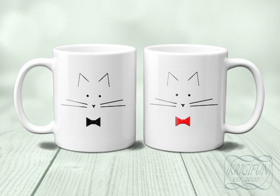 Cat Coffee Mug Set, Bow Tie Cat Gift Set, Cat Mug Set, Funny Tom Cat Coffee Cup  Set, Cute Black Cat Mug Set, Mom and Dad Cat Mug Set 