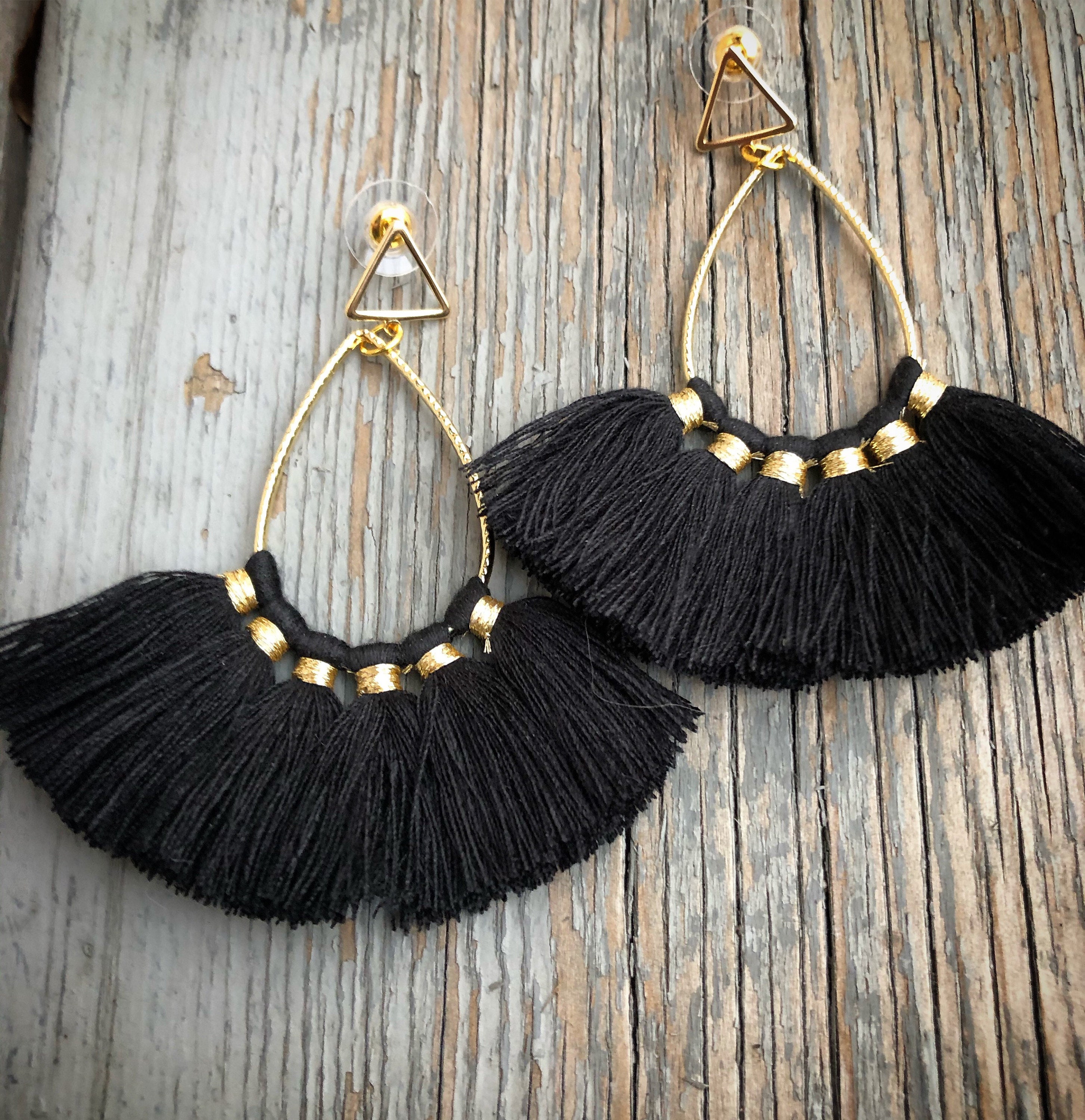 Black Fringe Earrings with Teardrop Hoop and 18k GoldPlated Etsy