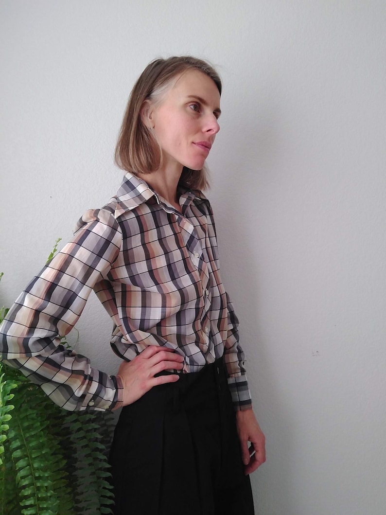 Vintage 70s Plaid Dress Shirt Longsleeve Button Up Pointy Collar Blouse Size 910 By Tucci