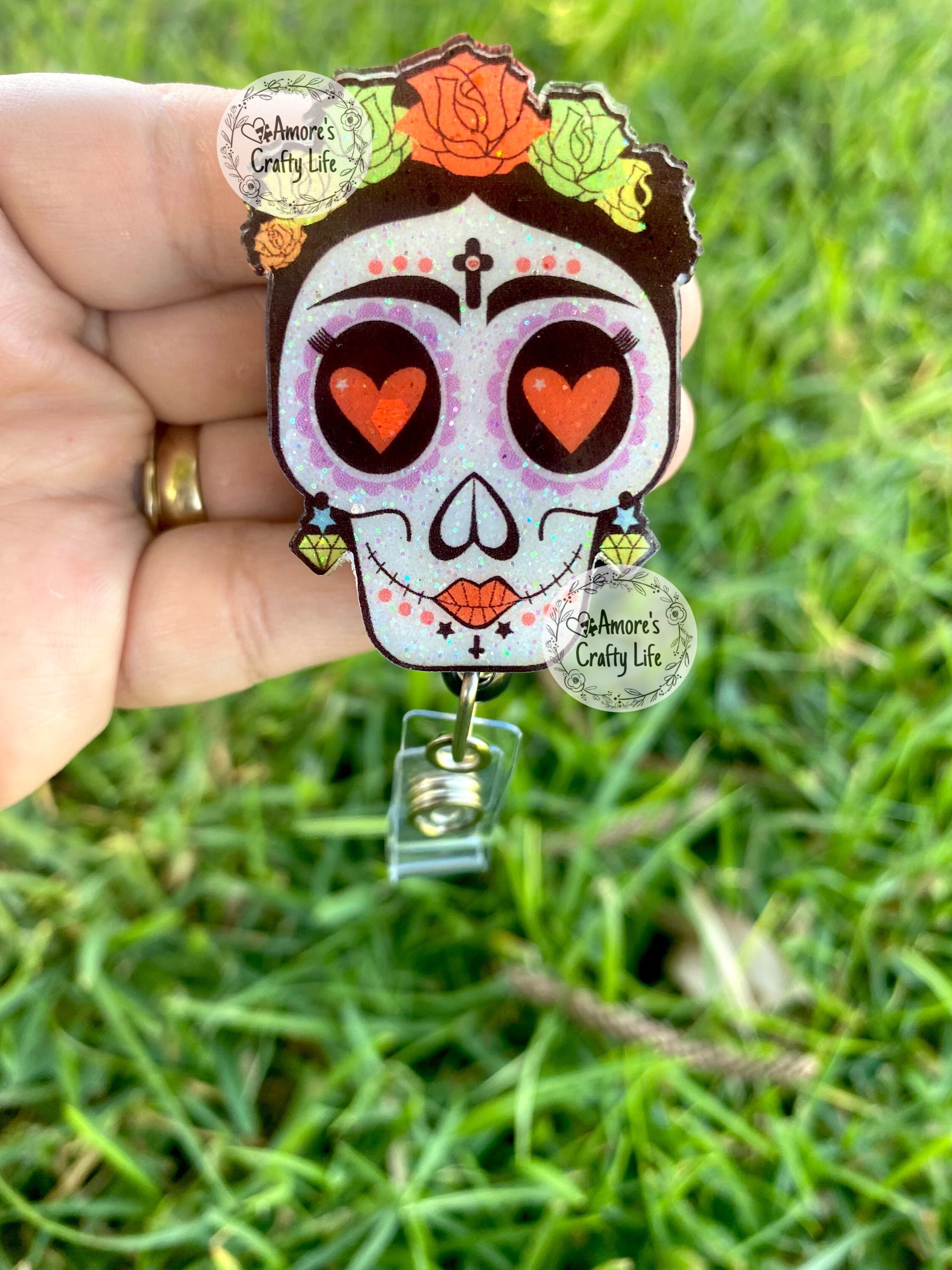 Sugar Skull Day of The Dead Adjustable Lanyard with PU Leather ID Badge Holder with 3 Card Pockets & Mini Note Card 39-65CM Carabiner Keychain Flashlight Adjustable 15.5-25.5 