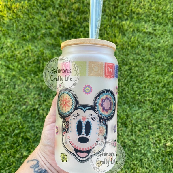 16 ounce Mickey Coco Inspired Frosted Glass Can with Bamboo Lid & Straw | Mickey frosted Glass | Glass cup | Coco Glass Cup