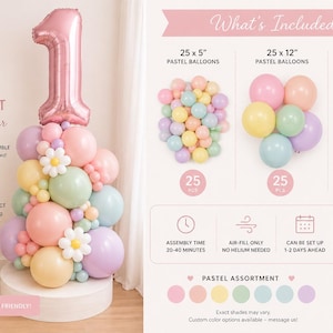 May include: Pastel balloon tower kit with the number one. The kit includes pastel balloons in pink, yellow, green, and purple, and a large pink foil number one balloon. The kit is easy to assemble and ideal for birthdays and baby showers.