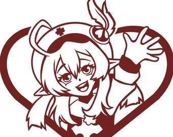 Puede incluir: Una ilustración de dibujos animados de una niña con el pelo largo y rubio que lleva un sombrero rojo con un trébol verde y una pluma. Ella sonríe y saluda con la mano derecha. La imagen está sobre un fondo en forma de corazón rojo.