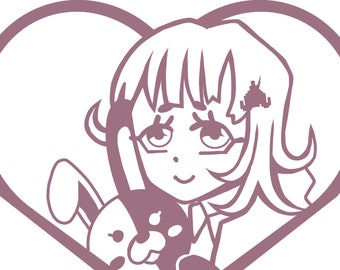 Puede incluir: Un marco rosa en forma de corazón con una ilustración de dibujos animados de una niña con cabello rosa, que lleva gafas y una camisa blanca con cuello, sosteniendo un pequeño conejito blanco.