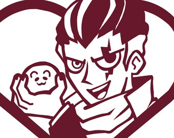 Puede incluir: Gráfico burdeos y blanco de un personaje sosteniendo una pequeña criatura redonda dentro de un corazón. El personaje tiene pelo puntiagudo y una expresión decidida. La imagen es una ilustración estilizada.