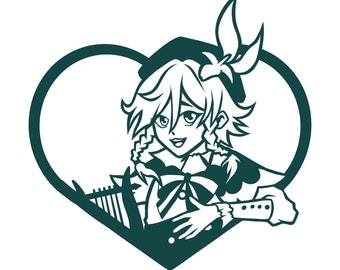 Puede incluir: Un dibujo en blanco y negro de una niña con cabello rubio que lleva un sombrero y sostiene un arpa. La imagen está dentro de una forma de corazón.