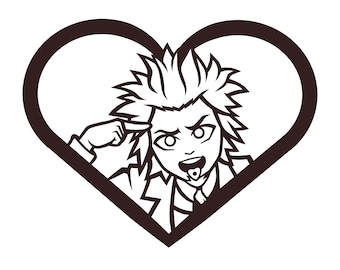 Puede incluir: Un dibujo en blanco y negro de un personaje de anime con el pelo de punta, vestido con un traje, dentro de un corazón.