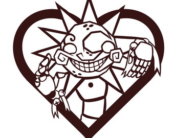 Puede incluir: Ilustración de dibujos animados en blanco y negro de un personaje sonriente con forma de sol con una gran sonrisa, enmarcado en un corazón. El personaje tiene una estrella detrás de la cabeza y levanta las manos. El diseño es simple y audaz.
