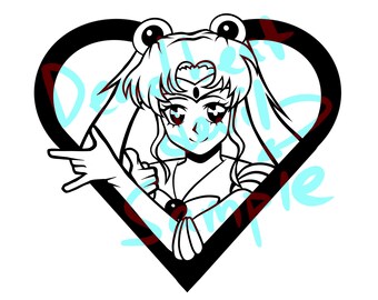 Puede incluir: Ilustración en blanco y negro de línea de arte de un personaje femenino de anime con cabello largo, usando una corona y un atuendo de marinero, dentro de una forma de corazón.