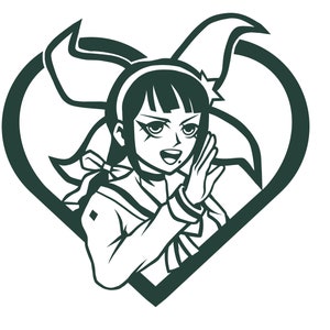 Puede incluir: Una ilustración en blanco y negro de una chica de anime con cabello verde y un marco en forma de corazón a su alrededor. Lleva un uniforme escolar y tiene una expresión de sorpresa en su rostro.