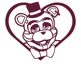 Puede incluir: Ilustración granate de un personaje de oso con sombrero de copa y pajarita, enmarcado por un corazón. La cara del oso es detallada, con dientes y detalles de orejas visibles, sobre un fondo blanco.