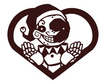 Puede incluir: Un personaje de dibujos animados marrón y blanco con una cara de media luna, que lleva un sombrero y un cuello de bufón, dentro de una forma de corazón. El personaje tiene una amplia sonrisa y las manos abiertas, con un diseño caprichoso.