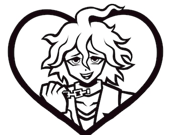 Puede incluir: Ilustración en blanco y negro de línea de arte de una persona con cabello largo y ondulado, usando un collar con una cadena, dentro de una forma de corazón.