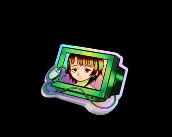 Puede incluir: Pegatina holográfica con un monitor de ordenador verde con una imagen de dibujos animados de una niña. El monitor tiene un ratón conectado. La pegatina tiene un brillo de arcoíris y está sobre un fondo negro.