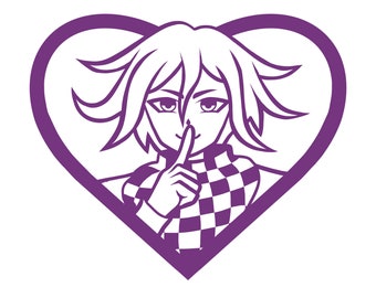 Puede incluir: Un contorno de corazón morado con un personaje de dibujos animados en su interior. El personaje tiene el pelo morado, una bufanda a cuadros y se está llevando un dedo a los labios.