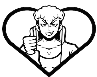 Puede incluir: Ilustración en blanco y negro de una persona con el pelo de punta dando un pulgar hacia arriba dentro de una forma de corazón.
