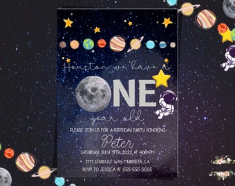 May include: A blue and black space-themed birthday invitation with a silver number one, a yellow star, and an astronaut. The text reads "Houston we have a ONE year old. Please join us for a birthday party honoring Peter. Saturday, July 17th, 2022 at 4:00 PM. 1111 Stardust Way Murrieta CA. RSVP to Jessica at 555-555-5555."
