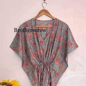 Floral Print Cotton Kaftan Dress: Indian Block Print, Plus Size Beach Cover Up