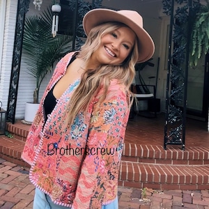 Veste kimono matelassée en coton fait main : style pêche vintage