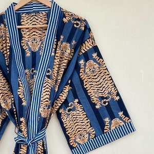 手作りコットン着物ローブ：和風ブロックプリント