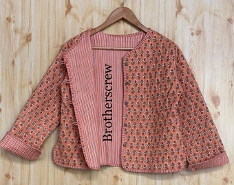 Veste matelassée Blockprint vintage orange faite à la main indienne, manteaux, nouveau style, Boho, veste en coton courte feuille bleue à rayures bleues