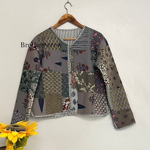 Handmade Patchwork Jacket, Hand Stitched Cotton Patchwork Jacket, Cotton Sari Kantha Coat, Short Jacket