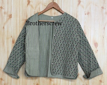Handmade Cotton Quilted Kimono Jacket: Boho Stripe Piping