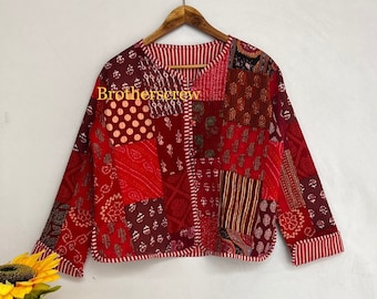 Cotton Quilted Jacket Women Wear Front Open Kimono Stripe piping HandMade Vintage Quilted Jacket , Coats , New Style, Boho Red