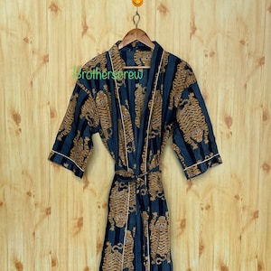 Blue Tiger Print Cotton Kimono Robe: Indian Cotton Gown, Plus Size