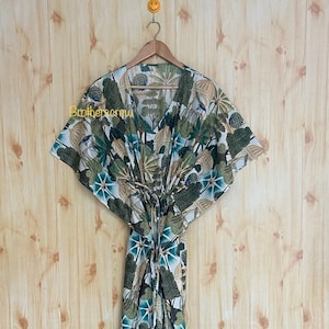 Hand Block Print Cotton Caftan Dress: Indian Flower Kimono Robe