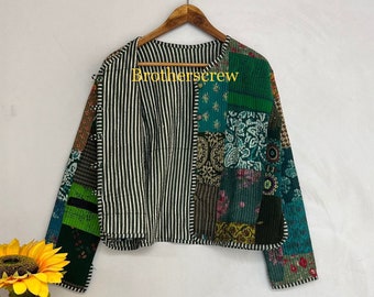 Cotton Quilted Jacket Women Wear Front Open Kimono Stripe piping HandMade Vintage Quilted Jacket , Coats , New Style, Boho Green Rainbow