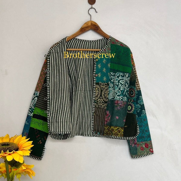 Cotton Quilted Jacket Women Wear Front Open Kimono Stripe piping HandMade Vintage Quilted Jacket , Coats , New Style, Boho Green Rainbow