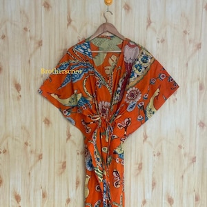 Floral Hand Block Print Cotton Kaftan Dress: Adjustable Maxi Gown