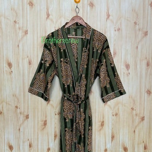 Hand Block Print Cotton Kimono Robe: Tiger Loungewear Caftan