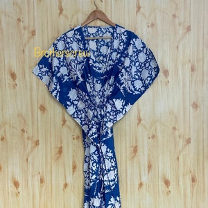 Floral Block Print Cotton Kaftan: Blue Indian Kimono Cover-Up