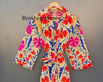 Hand Embroidered Suzani Jacket: Cotton Kantha Quilt, Plus Size