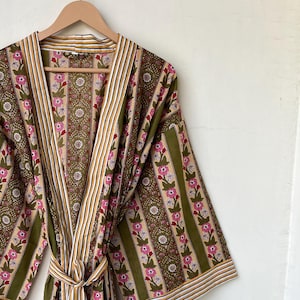 Hand Block Print Cotton Kimono Robe - Japanese Style Dressing Gown