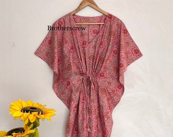 Hand Screened Floral Cotton Kaftan: Plus Size Resort Wear