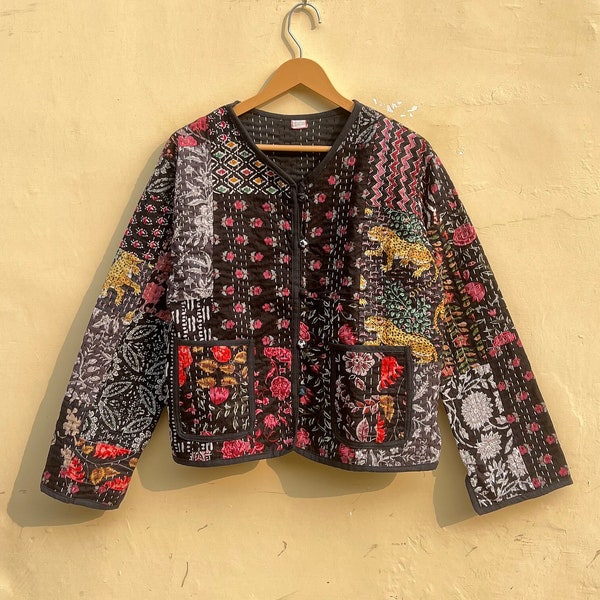 Black Handmade Women's Kantha Jacket Indian Cotton Assorted Patchwork Kantha Jacket Hand Quilted Reversible Kantha Jacket Hippie Coat