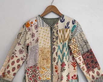 Handmade White Patchwork Kantha Jacket: Bohemian Cotton Quilted Coat