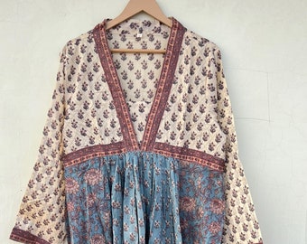 Hand Block Print Cotton Gauze Dress - Indian Tunic Gown