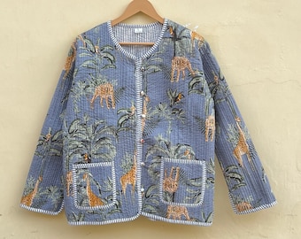 Blouson matelassé en coton réversible imprimé bloc mainVeste, manteau sari kantha en coton, veste courte