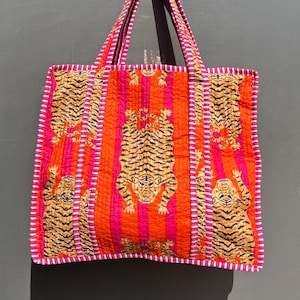 Sac fourre-tout en coton à imprimé tigre, respectueux de l'environnement, durable, solide, sac fourre-tout pour les courses d'épicerie, sac bohème fait main, sac fourre-tout matelassé, sac de marché