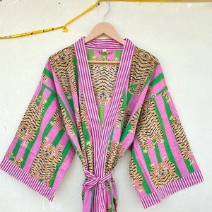 Tiger Print Cotton Kimono Robe: Japanese Style Hand Block Print